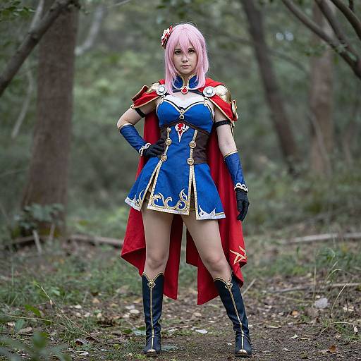 Photograph of a pink-haired woman in blue and gold fantasy armor, red cape, black gloves, and boots, standing confidently in a forest.