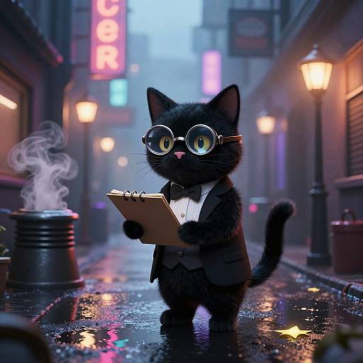 Noir Cat Detective in Neon Alley
