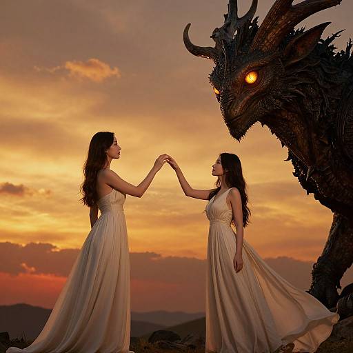 Photograph of two women in flowing, beige dresses touching hands, facing a towering, dark dragon with glowing eyes at sunset.