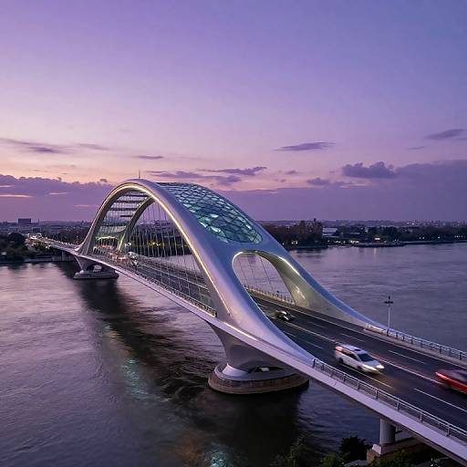Photograph of a modern, curving bridge with sleek, silver arches illuminated at dusk, reflecting on a calm river beneath a purple and pink sunset