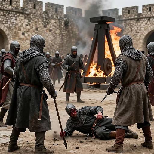 Photograph of medieval knights in chainmail and helmets, surrounding a fallen opponent by a blazing wooden pyre in a stone-walled courtyard.