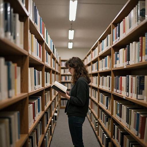 Woman Browsing Books in Dim Library
