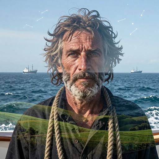Photograph of a rugged, middle-aged man with curly gray hair and beard, wearing a black shirt, standing on a boat with ocean and sailing ships