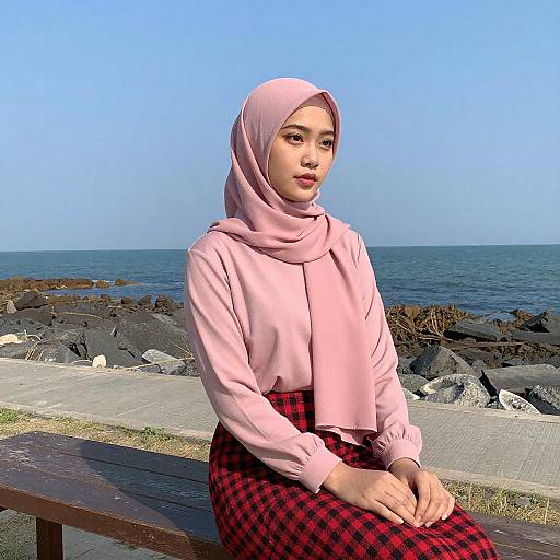 Young Asian Woman by Coastal Bench