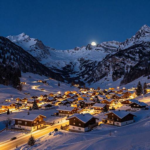 Photograph of a snow-covered alpine village at night, illuminated by warm streetlights, with a full moon glowing over snow-capped mountains in the