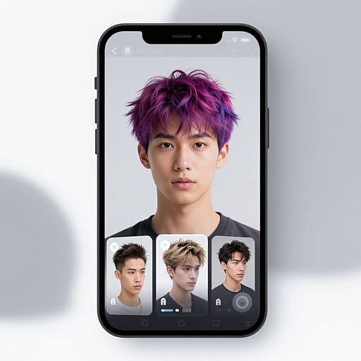 Photograph of a smartphone displaying a purple-haired Asian man's portrait, with three smaller thumbnails below of different hairstyles.