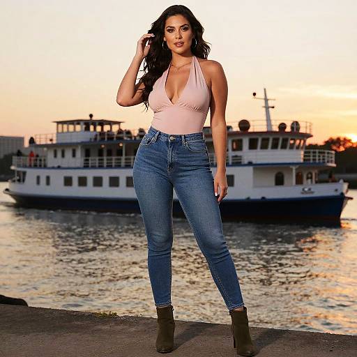 Photograph of a confident woman with long dark hair, wearing a pink halter top and blue jeans, standing by a sunset-lit waterfront with boats