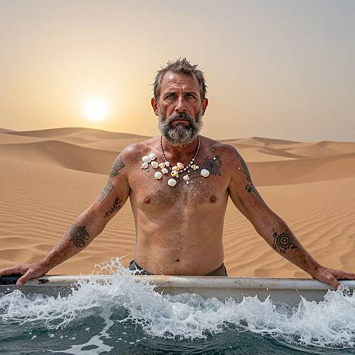 Middle-aged, shirtless man with tattoos, gray beard, shell necklace, and brown hair, stands in a surfboard amid ocean waves, with golden