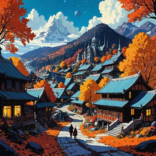 Vibrant Autumn Village with Fantasy Galaxy