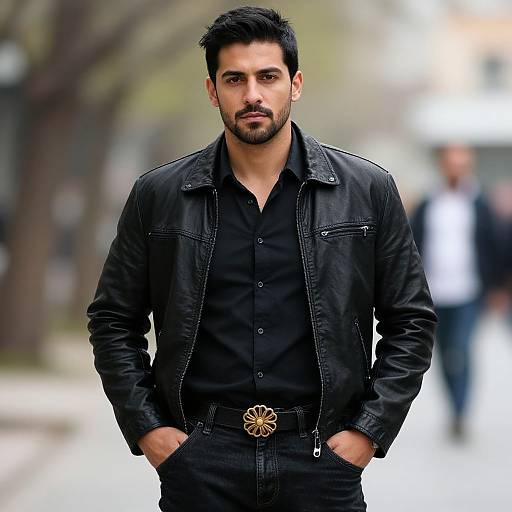 Photograph of a handsome, bearded man with dark hair, wearing a black leather jacket and shirt, hands in pockets, city background.