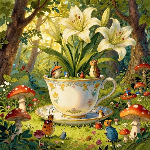 Whimsical forest scene with a floral teacup filled with white lilies, surrounded by colorful butterflies, ladybugs, and red-capped mushrooms