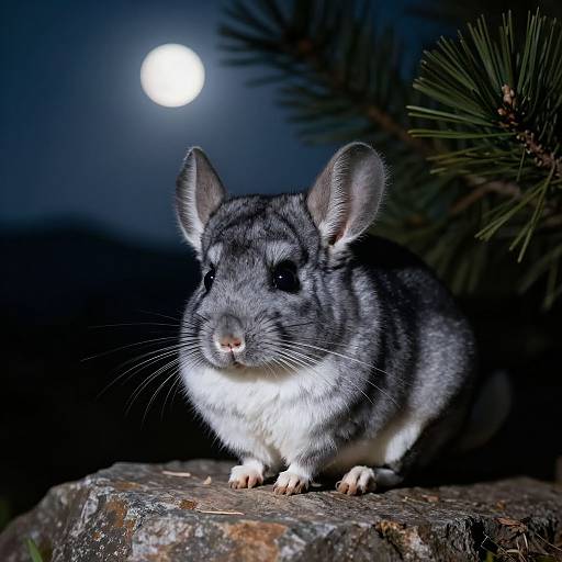 Photograph of a grey-and-white chinchilla with large ears, standing on a rock under a bright full moon, surrounded by dark pine branches.