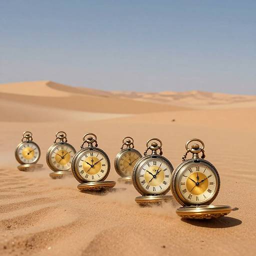 Photograph of six vintage pocket watches with yellow faces and black numerals, arranged in a diagonal line on golden sand dunes under a clear blue sky