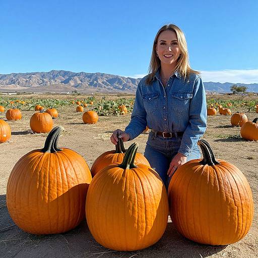 Photograph of a smiling blonde woman in a denim shirt holding three large orange pumpkins in a sunny pumpkin field with mountains in the background.