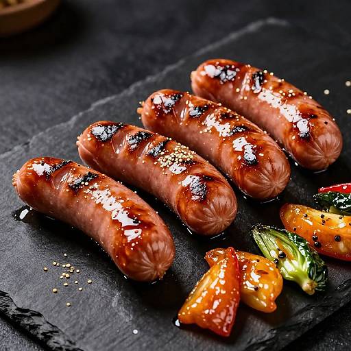 Photograph of four glistening, grilled sausages with blackened grill marks and white seasoning, accompanied by roasted bell pepper slices, on a dark