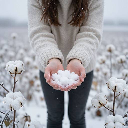 Photograph of a woman with long brown hair, wearing a white sweater and black pants, gently holding a snowball in a snowy cotton field. Snow