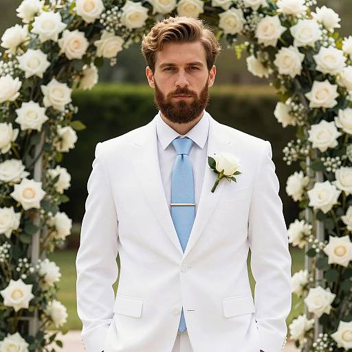 Photograph of a handsome bearded man in a white suit and light blue tie, standing before a floral archway with white roses.