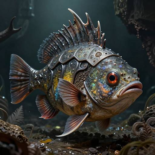 Digital artwork of a fantastical, metallic fish with colorful scales, red eyes, and spiky fins, swimming in a dark, underwater cave adorned with