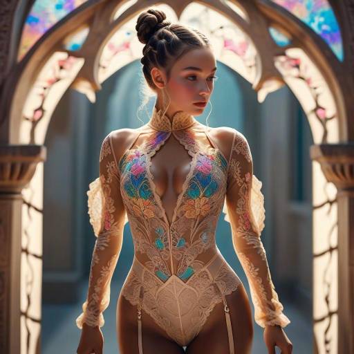 Elegant Character in Sheer Lace Bodysuit