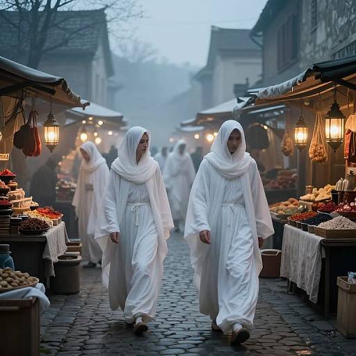 Photograph of three women in white robes walking through a misty, cobblestone market at dusk, surrounded by lit lanterns and vendor stalls.