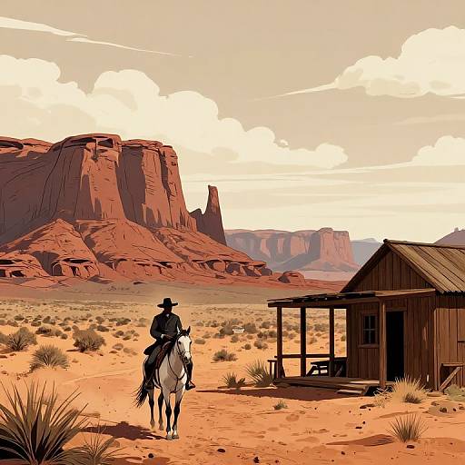 Digital illustration of a lone cowboy in a black hat riding a white horse past a wooden shack in a red desert landscape with towering mesas under a cloudy