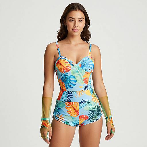 Photograph of a young woman with light brown skin and dark hair, wearing a colorful, floral-patterned one-piece swimsuit and matching arm bands,