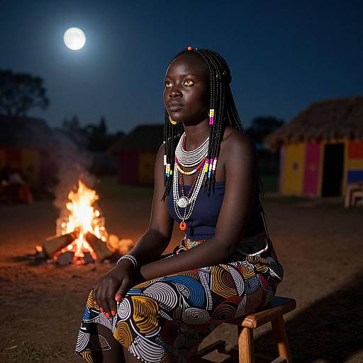Photograph of a dark-skinned African woman with braids, wearing colorful beaded jewelry and patterned dress, sitting by a campfire under a