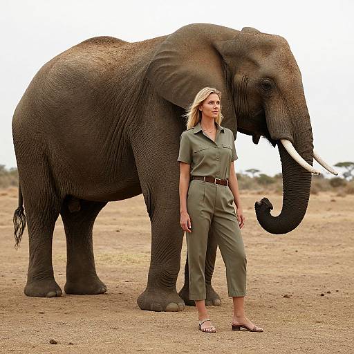 Photograph of a blonde woman in olive green safari outfit standing beside a large African elephant in a dry, sandy landscape.