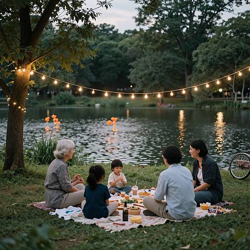 Photograph of a family picnic by a lake at dusk, with string lights, glowing lanterns, and lush trees in the background.