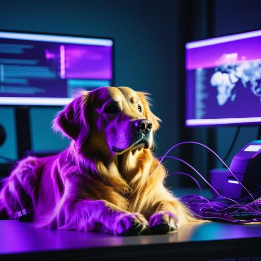 Cinematic Golden Retriever in Cyberpunk Workspace Cinematic Golden Retriever in Cyberpunk Workspace