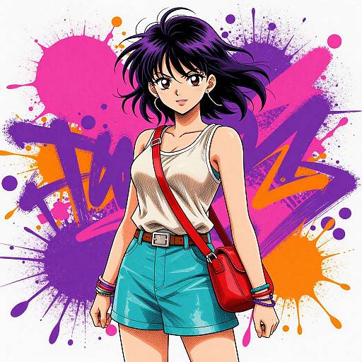 Anime-style digital drawing of a confident girl with black hair, wearing a white tank top, blue shorts, red bag, and colorful splatter background.