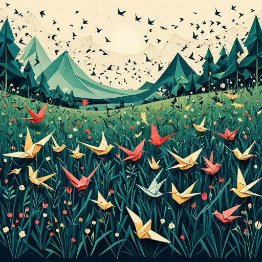 Origami Birds Meadow Illustration