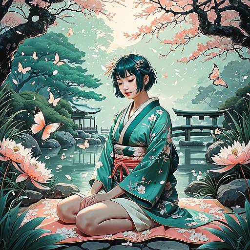 Anime Girl in Serene Japanese Garden