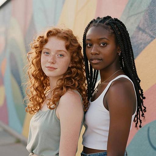 Photograph of a fair-skinned, freckled redhead woman with curly hair, wearing a green tank top, standing beside a dark-skinned woman