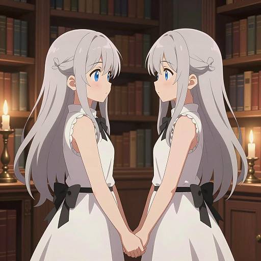 Anime Twin Girls Holding Hands in Library