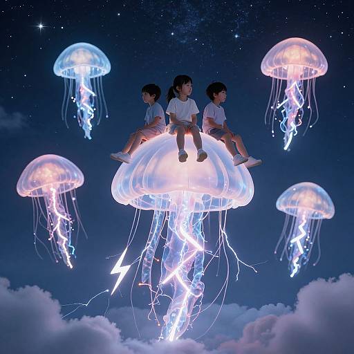 Digital illustration of three Japanese schoolgirls sitting on a glowing jellyfish, surrounded by floating jellyfish against a starry night sky with clouds.