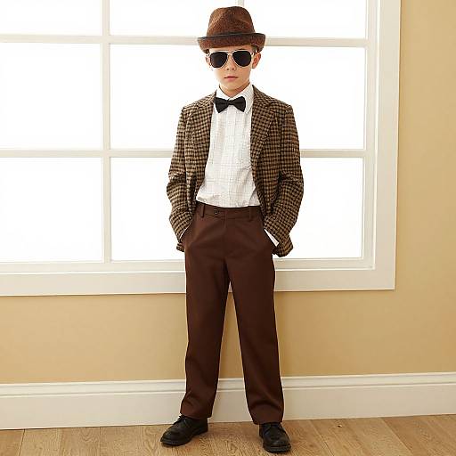 Photograph of a young boy in a brown houndstooth suit, black bow tie, white shirt, dark sunglasses, brown fedora, standing