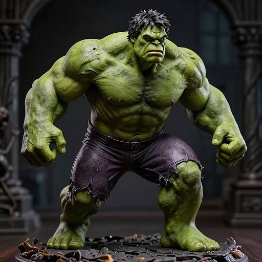 Photorealistic CGI of a muscular, green-skinned Hulk with black hair, wearing torn purple shorts, standing in a dark, ruined stone chamber.