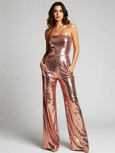 Rose-Gold Strapless Sequin Wide-Leg Jumpsuit