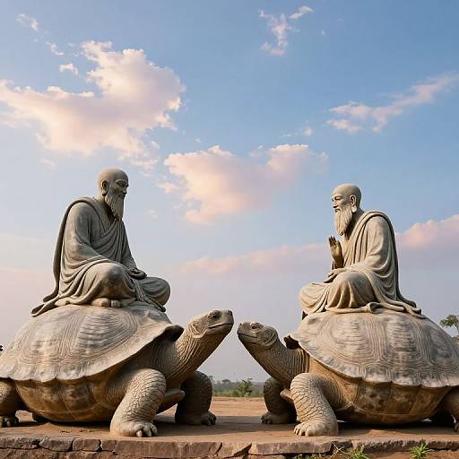 Photograph of two stone statues of bald, robed Buddhist monks seated on large tortoises, facing each other against a bright blue sky with scattered