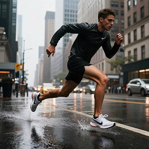 Athlete Sprinting in Rainy Urban Street