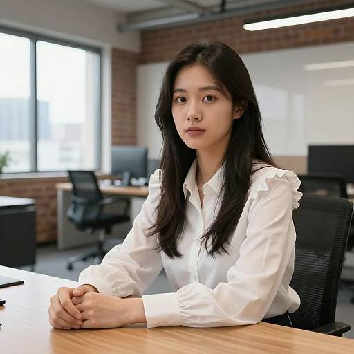 Photograph of an Asian woman with long black hair, wearing a white blouse, sitting at a wooden desk in a modern office with brick walls and large