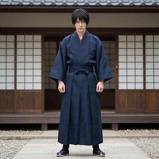 Photograph of a young Asian man with black hair, wearing a black kimono, standing in front of traditional Japanese wooden building with shoji screens.