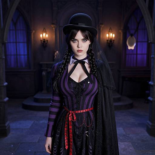 CGI image of a pale-skinned, dark-haired woman in a black Victorian-style dress, striped bodice, red ribbon belt, black hat,