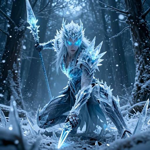 Photorealistic digital art of an ice-wielding, blue-eyed, armored warrior with glowing crystal armor in a snow-covered, dark forest.