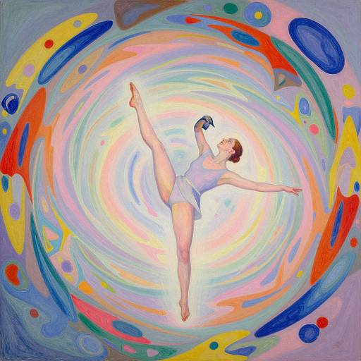 Abstract painting of a ballet dancer in a white leotard performing a high kick, surrounded by colorful swirling patterns and circular shapes.