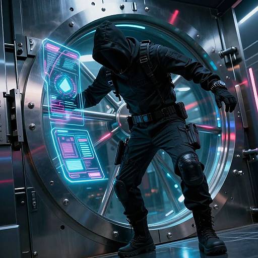 Cyberpunk soldier in black tactical gear, hood up, standing before a glowing, neon-lit, circular metal door with futuristic interface.