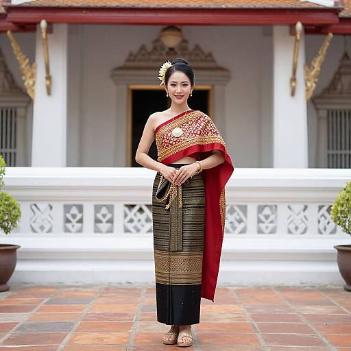 Photograph of a smiling Asian woman in a traditional red and gold Thai dress, standing in front of a white building with ornate roof details and p