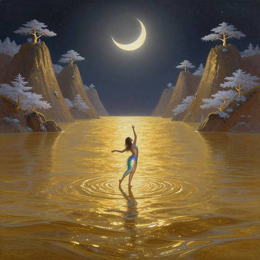 Digital artwork of a girl in a blue dress dancing in a moonlit, golden lake surrounded by rocky cliffs and snow-covered trees.
