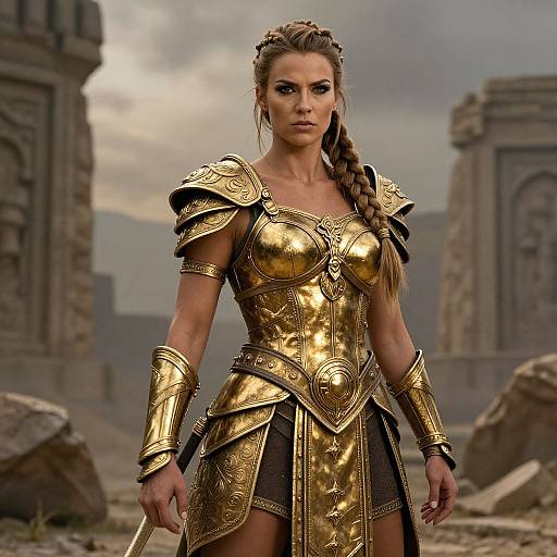 Fierce Woman Warrior in Gold Armor